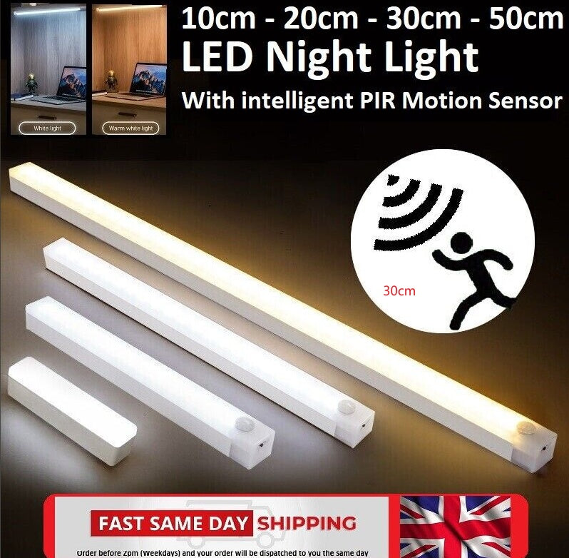 "LED Motion Sensor Cabinet Light – USB Rechargeable Magnetic Strip Lamp for Closets & Drawers"