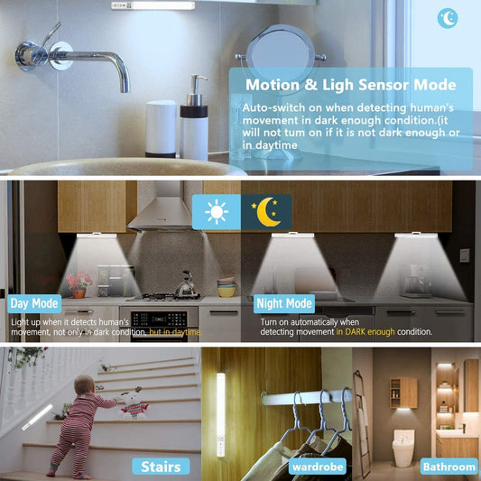 "LED Motion Sensor Cabinet Light – USB Rechargeable Magnetic Strip Lamp for Closets & Drawers"